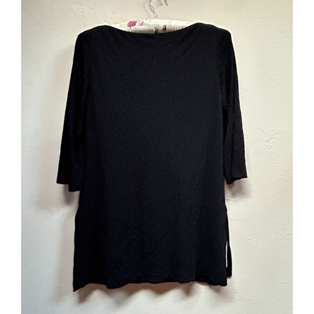 Lida Baday Womens Small Drape Neck 3/4 Sleeve Blouse Top Black Side Slits Casual